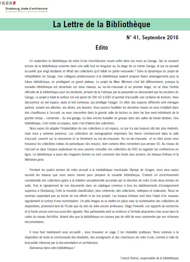 Lettre de la bibliothèque de l'ENSAS n° 41